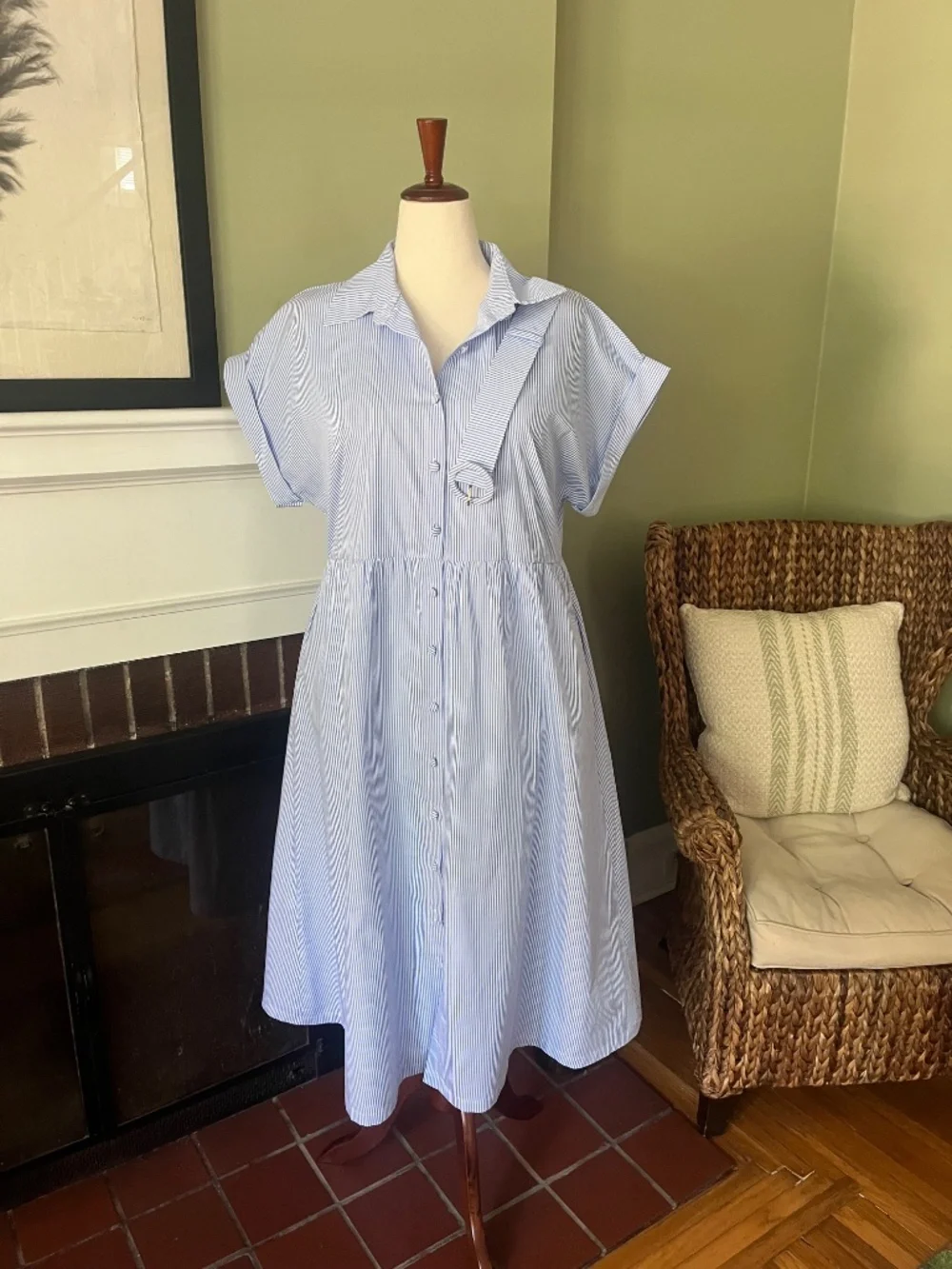 Blue & White Stripe Cotton Shirtdress | Belted | 100% Cotton - Picture 4 of 10